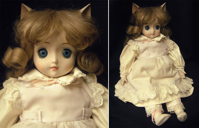レア【未使用】「綿の国星」ホワイトドリームチビ猫 ビスクドール人形 